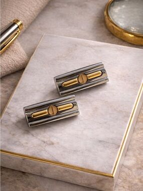 Alfred Dunhill Two-Tone Bar Cufflinks Silver & Gold Plated Signed Classic Luxury